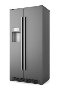 Single modern black refrigerator isolated.