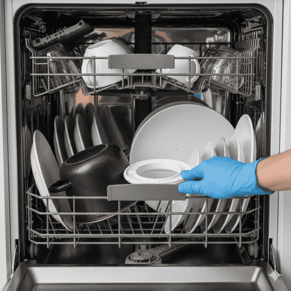 Hand testing the rotation of the lower dishwasher spray arm, showing how a tall dish is interfering with its ability to spin freely.