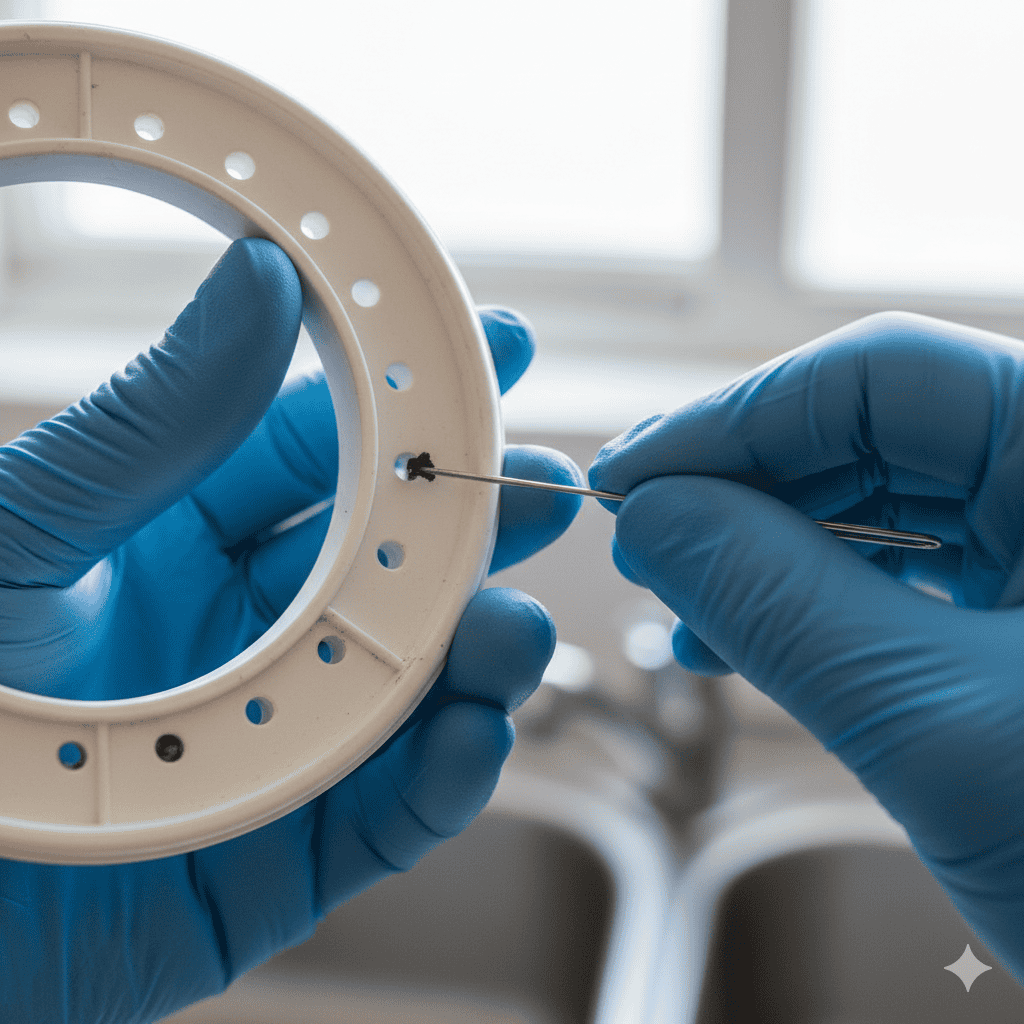 Hand using a thin wire to clear food debris and clogs from the small jet holes of a removed dishwasher spray arm.