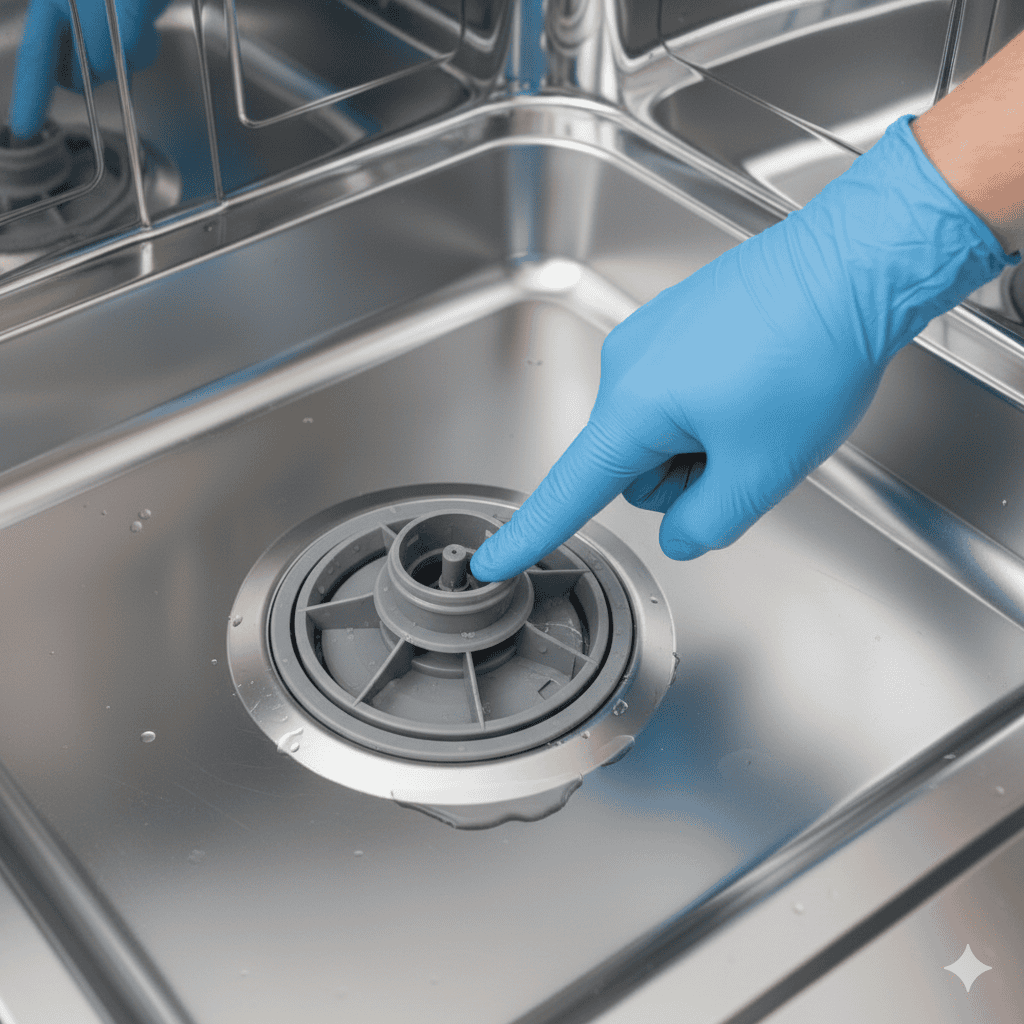 Hand pointing to the central sump area at the bottom of the dishwasher tub, checking the water level and inspecting the wash arm housing seals.